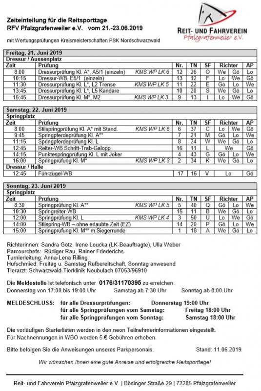 Zeiteinteilung Reitsporttage 2019